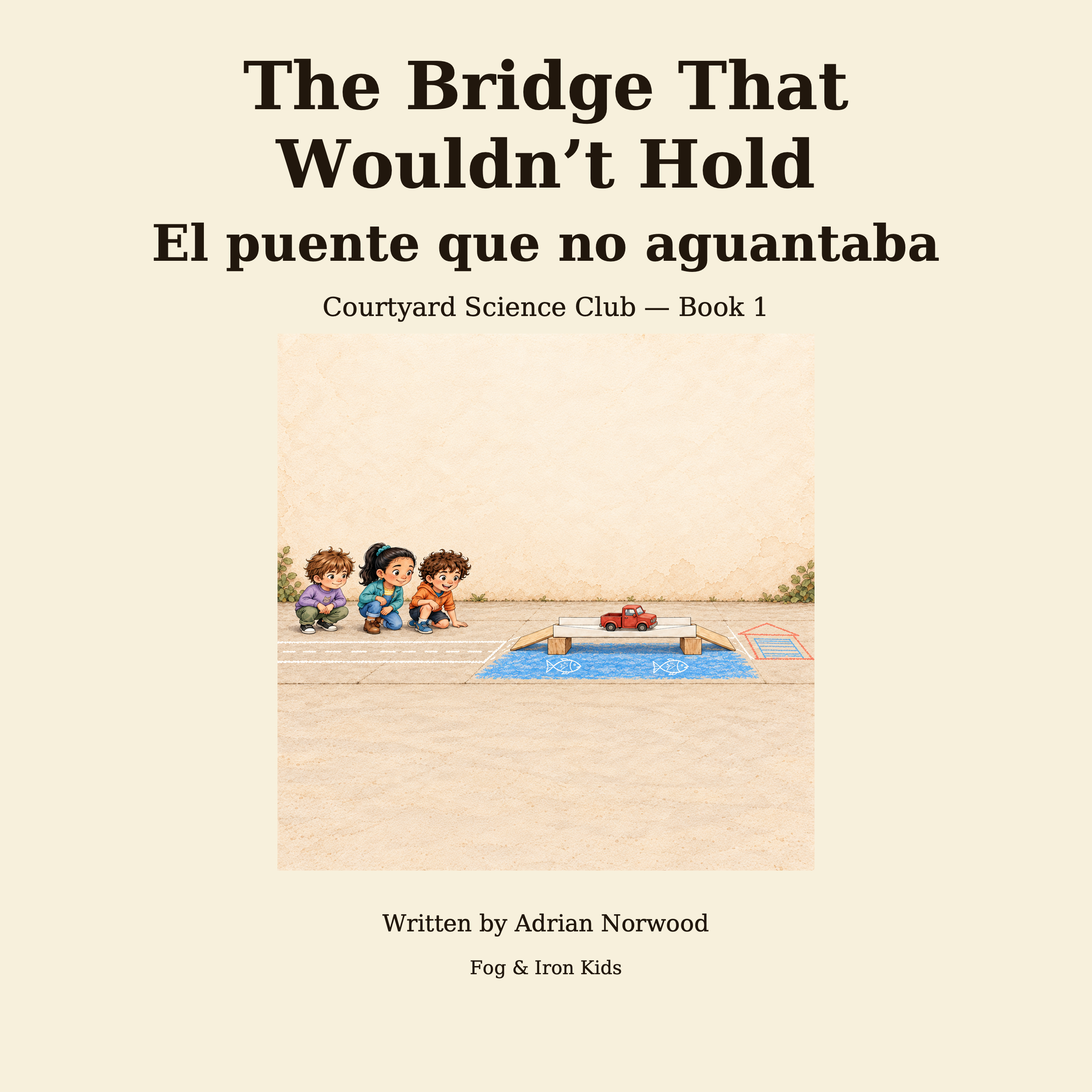 Front cover of The Bridge That Wouldn’t Hold / El puente que no aguantaba, written by Adrian Norwood, Courtyard Science Club — Book 1